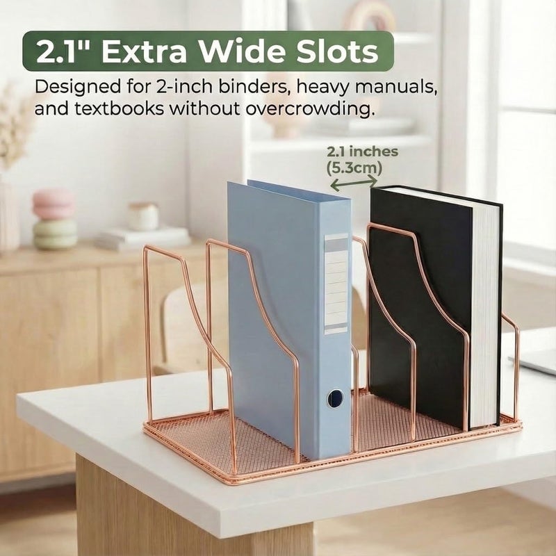 Simmer Stone Rose Gold Binder Organizer for Desk, 5 Slot Metal Wire Vertical File Sorter with Mesh Bottom, Desktop Magazine Holder Rack for 2 Inch Binders, Medical Coding Books, Vinyl Records, 12.1" - Image 4